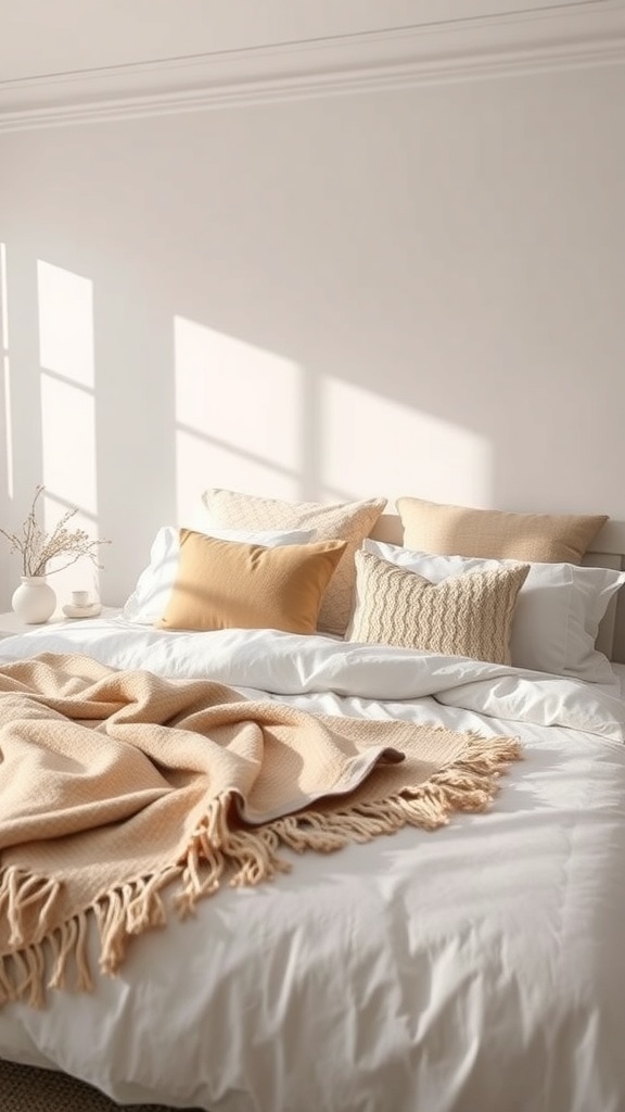 A neutral bedroom with a cozy bed featuring layered soft furnishings in cream and beige tones.