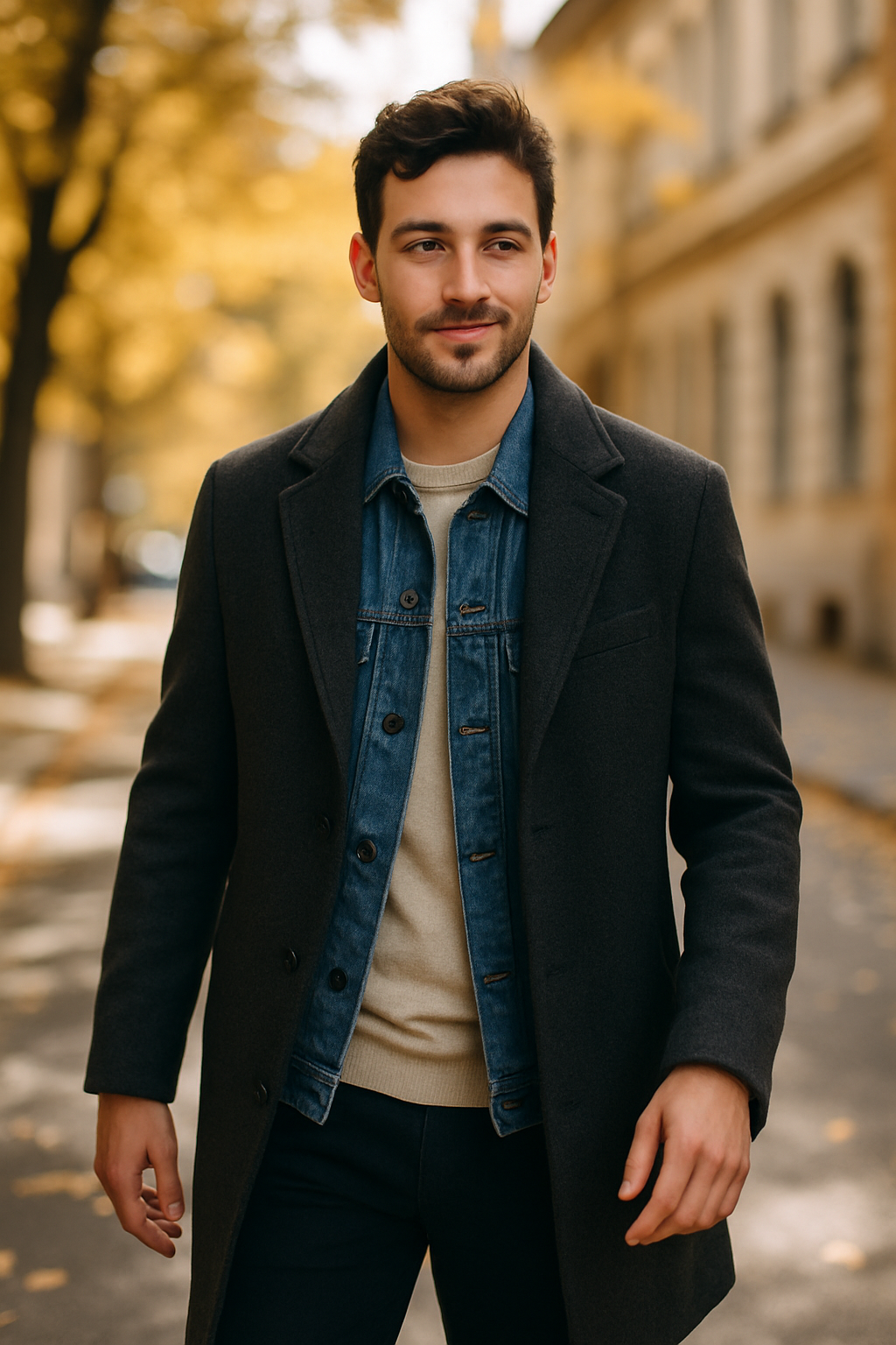 A man in a stylish layered outfit featuring a dark overcoat, denim jacket, and sweater, walking on a tree-lined street with autumn leaves.