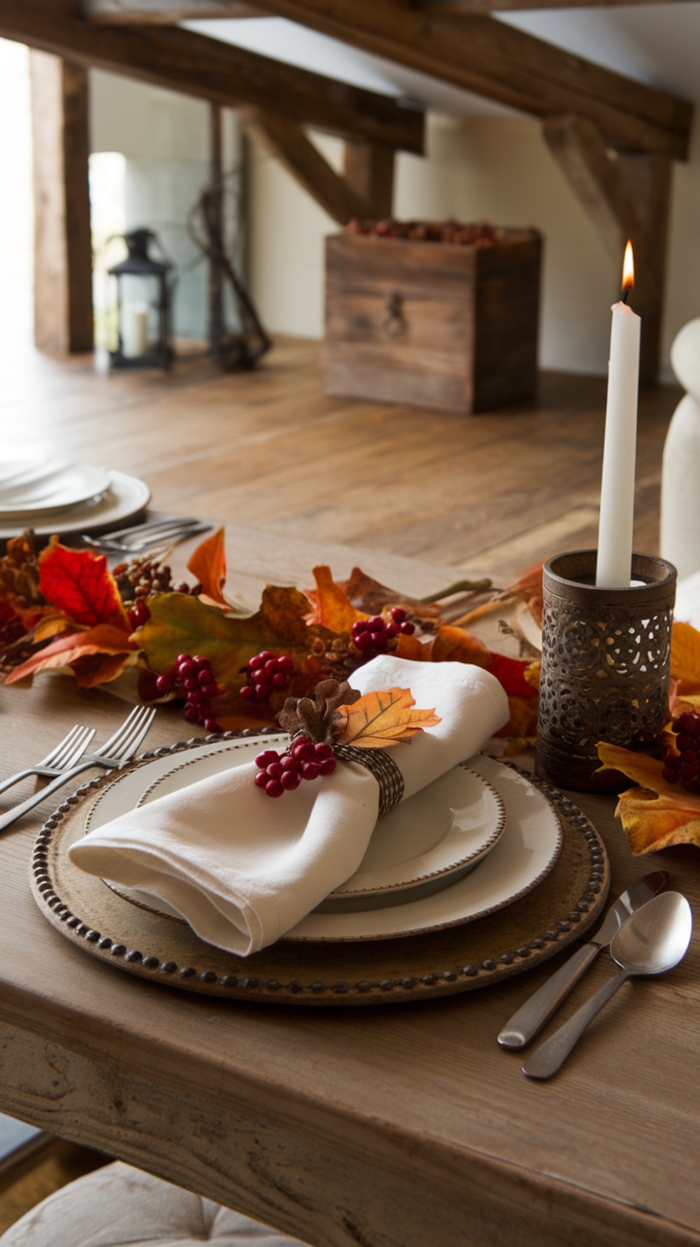 A beautifully set Thanksgiving table featuring a Leaf and Berry Napkin Fold with white napkins, autumn leaves, and red berries.