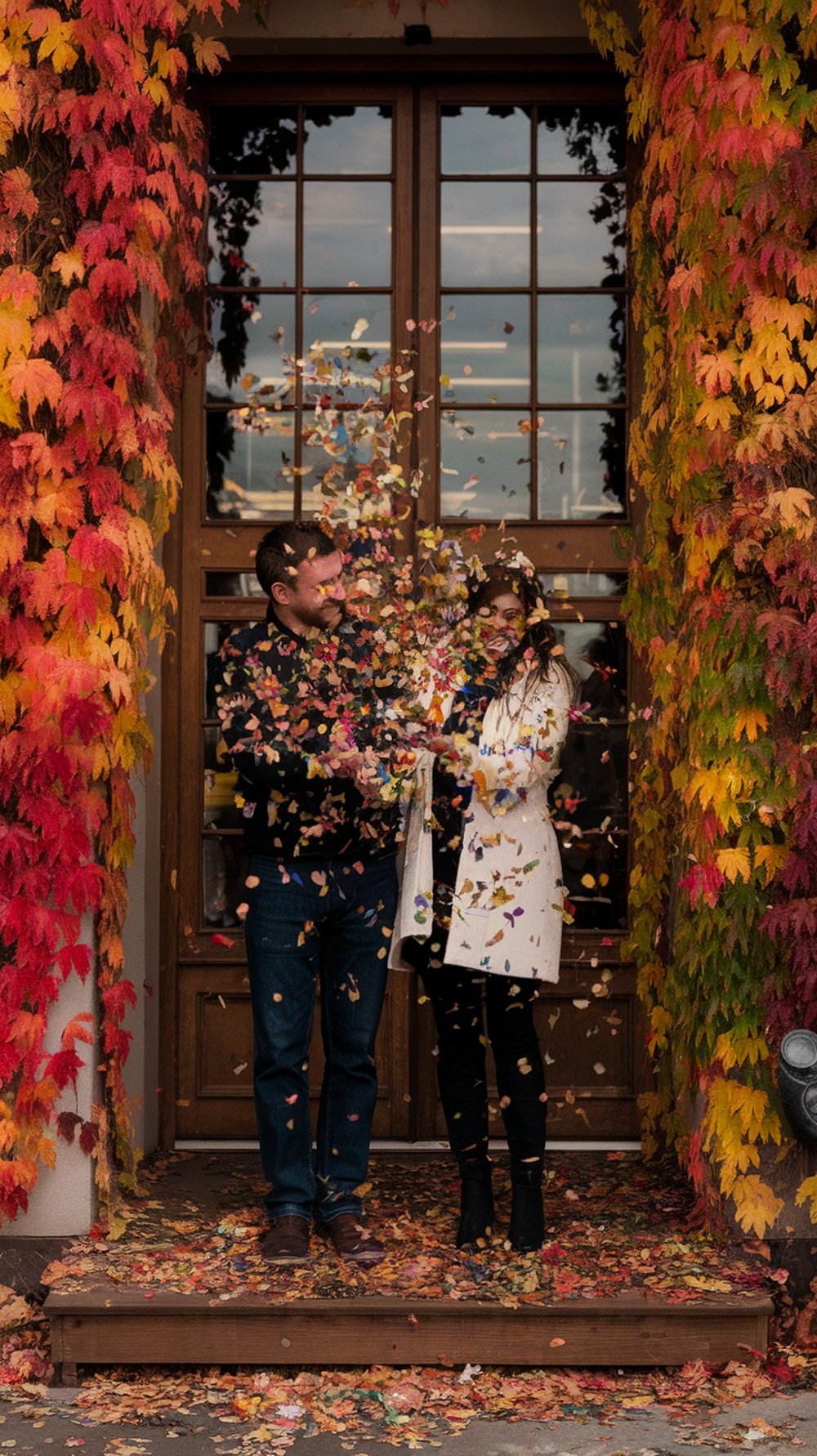 Couple celebrating a gender reveal with colorful leaf confetti