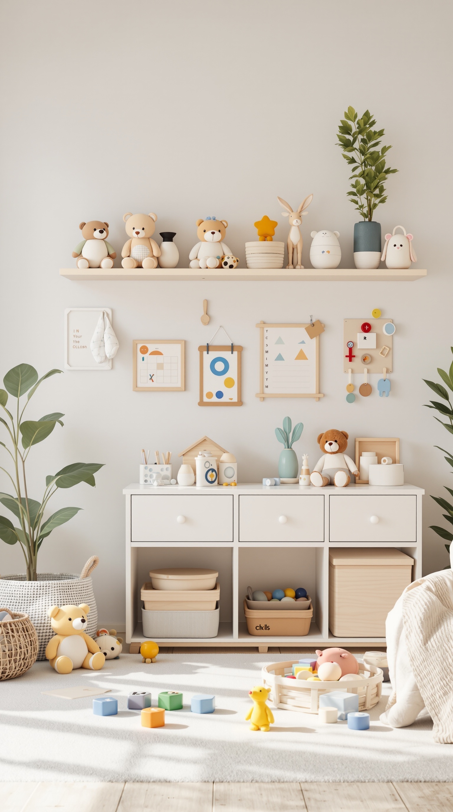 A toddler room featuring a learning and development zone with toys, books, and colorful decor.