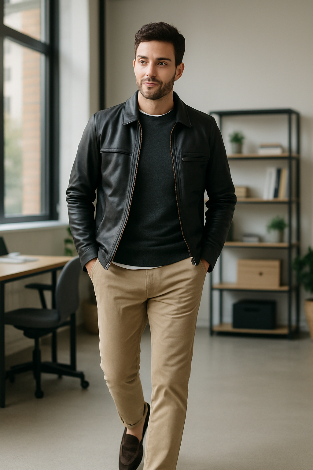 A man in a black leather jacket and beige chinos walking confidently in an office setting.