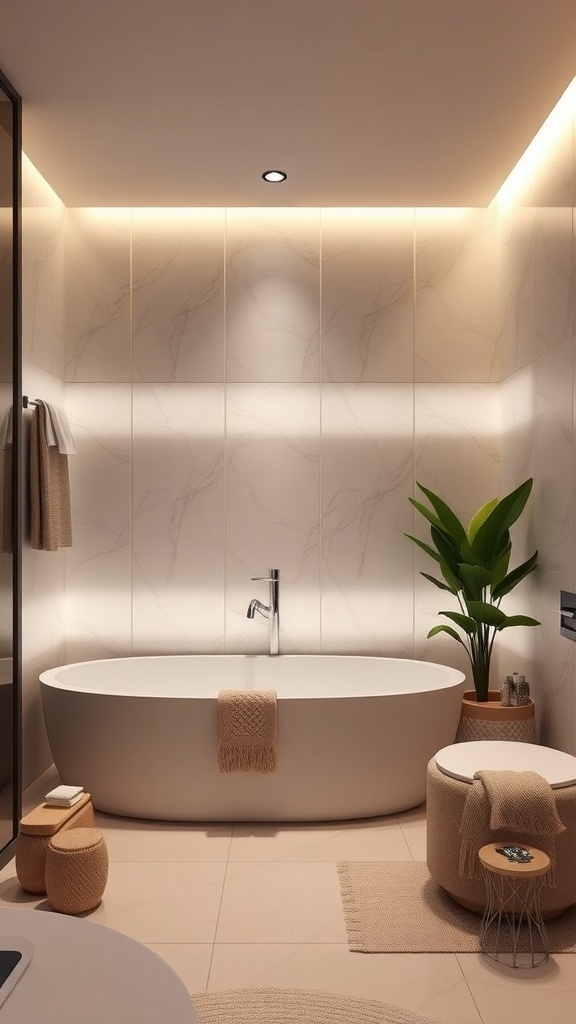 A modern bathroom featuring LED backlit wall panels, a freestanding bathtub, and stylish decor.