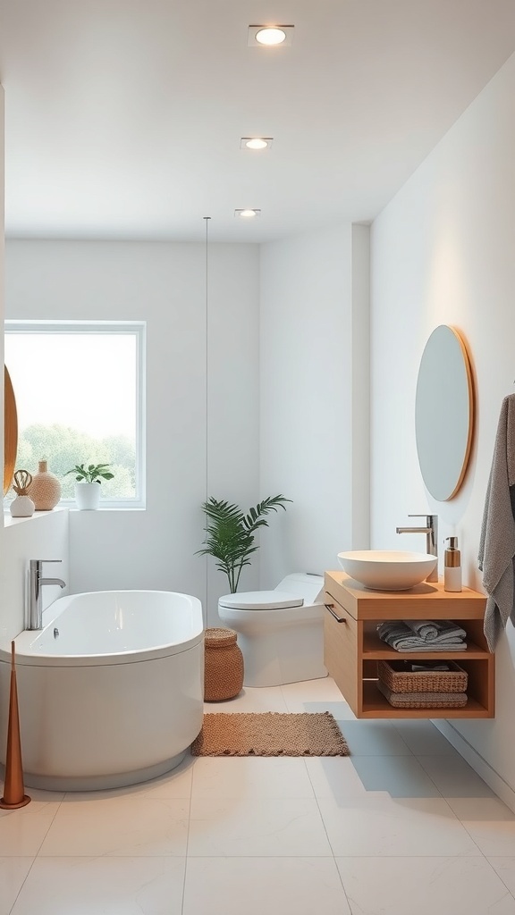 A modern bathroom featuring LED recessed lights, a freestanding bathtub, and a stylish vanity.