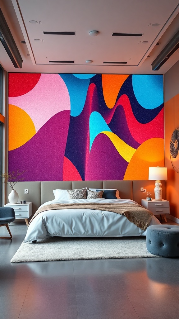A colorful LED mural displayed in a modern bedroom, featuring vibrant shapes and patterns.