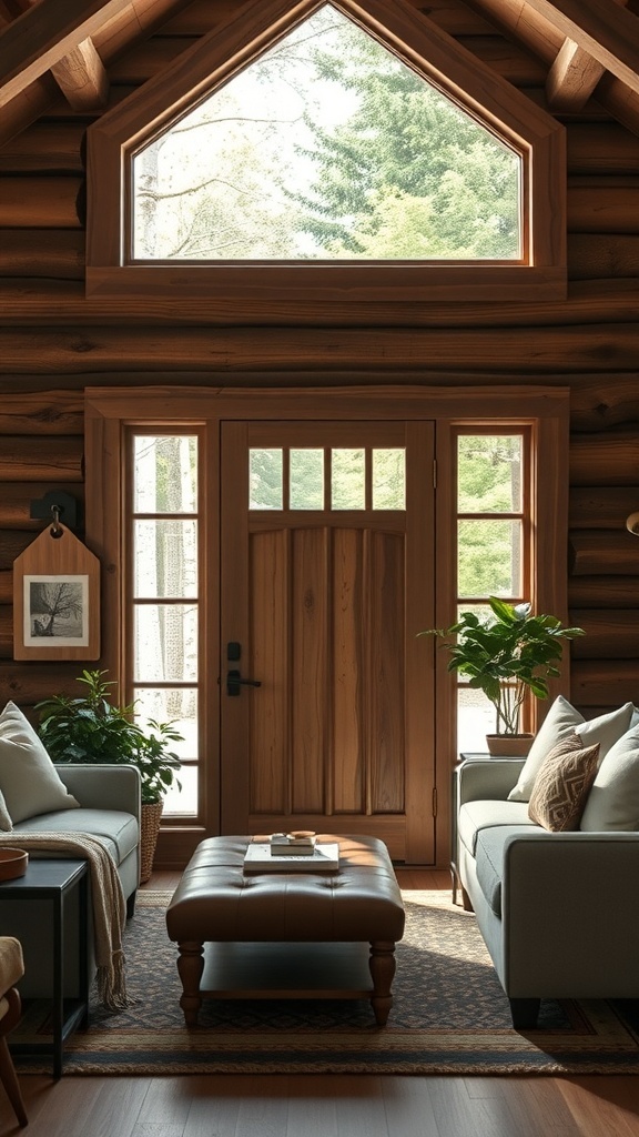 Interior view of a cozy living room with ledge and brace door casing and large window