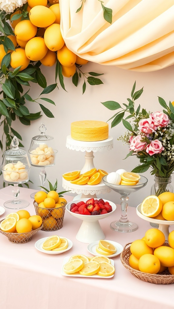 A beautiful lemon-themed snack bar featuring lemon cakes, sliced lemons, and fresh strawberries.