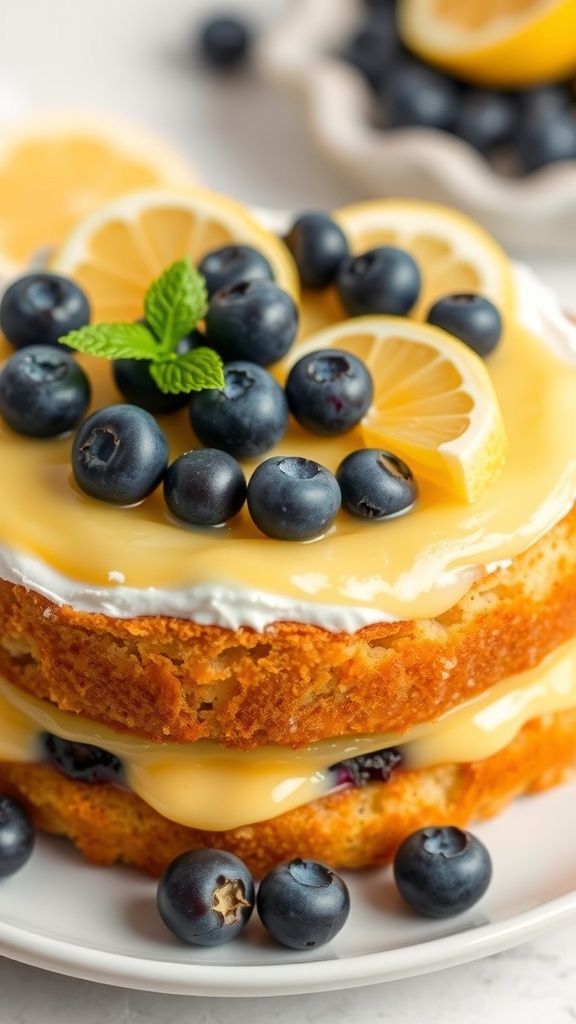 A beautifully decorated lemon blueberry cake topped with lemon slices, blueberries, and mint leaves.