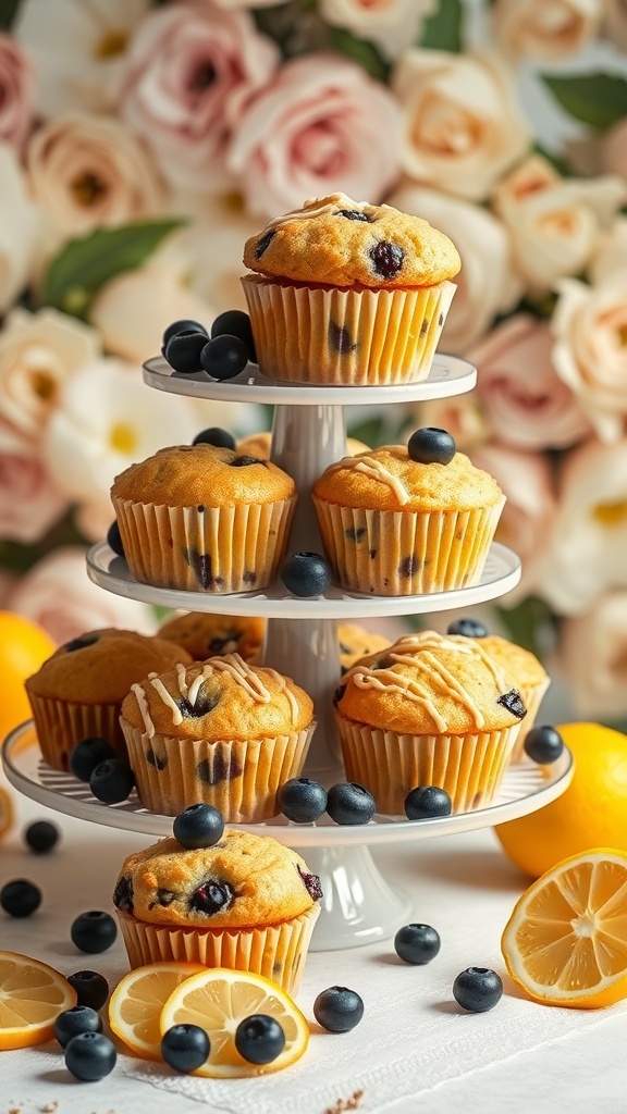 A tiered stand with lemon blueberry muffins garnished with blueberries and lemon slices, set against a floral background