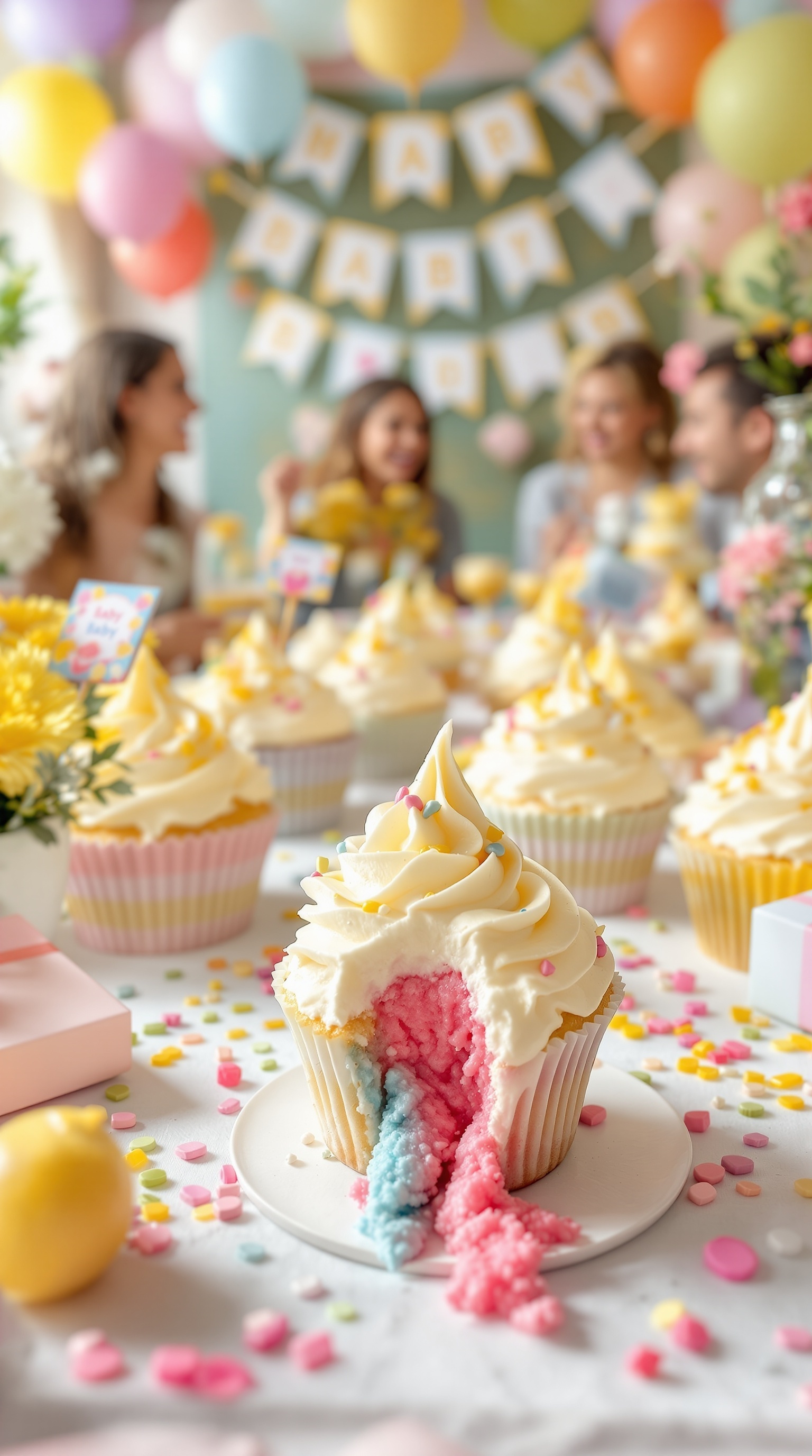 Lemon cupcakes with colorful filling for a gender reveal party