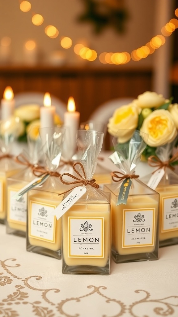 A table display of lemon scented candles as bridal shower favors