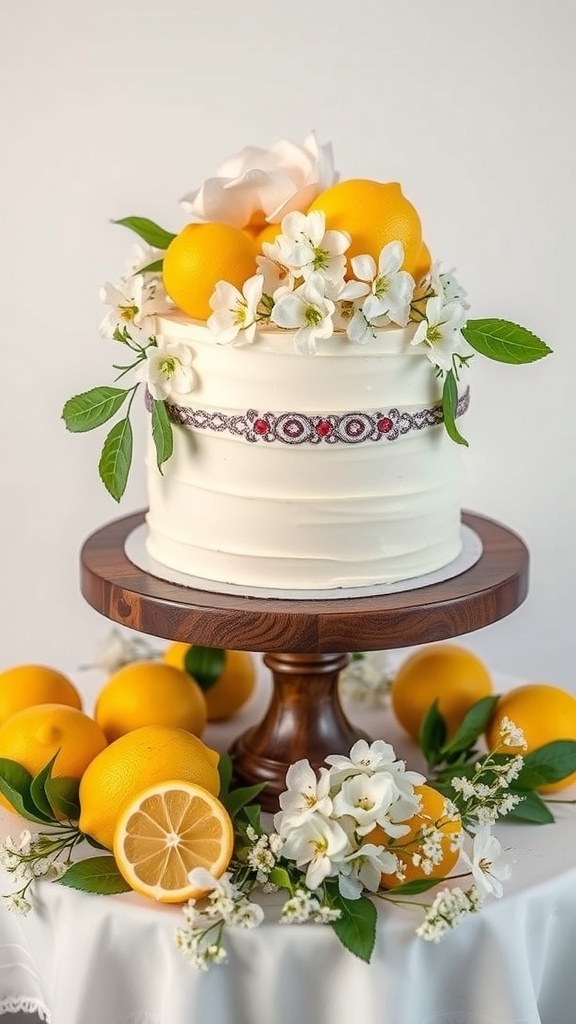 A beautifully designed lemon-themed bridal shower cake decorated with lemons and white flowers.
