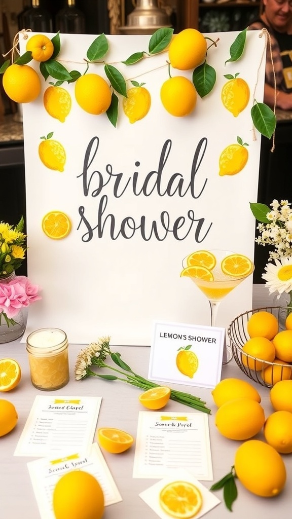 A beautifully arranged lemon-themed bridal shower setup with decorations and activities.