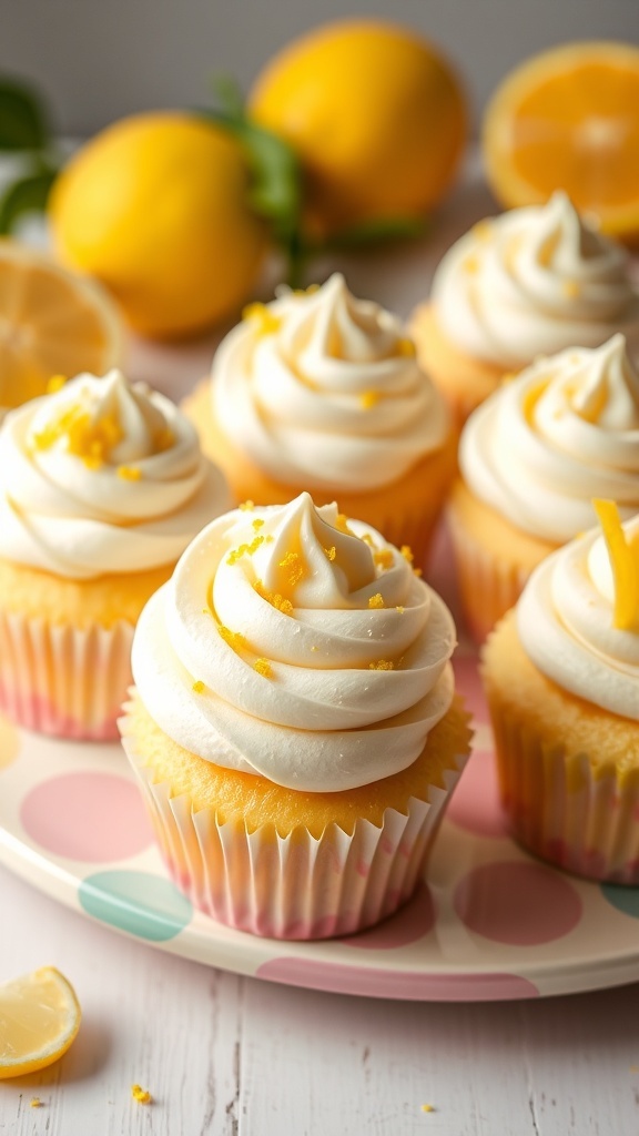 Delicious lemon zest cupcakes topped with cream cheese frosting and yellow sprinkles.