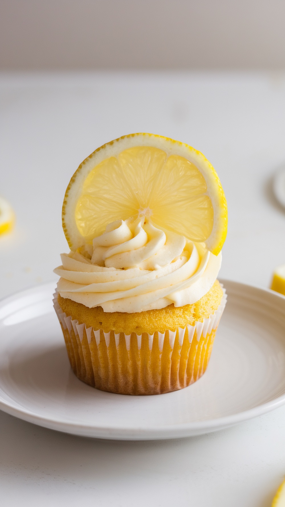 A lemon zest cupcake topped with cream cheese frosting and a slice of lemon