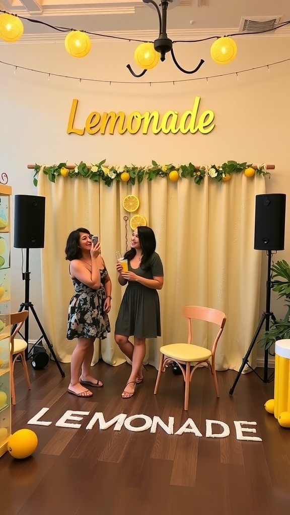 Two women posing in a lemonade-themed photo booth with a bright sign and lemon decorations.