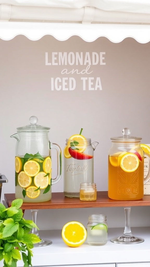 A lemonade and iced tea station featuring pitchers with lemon slices, mint leaves, and fresh strawberries