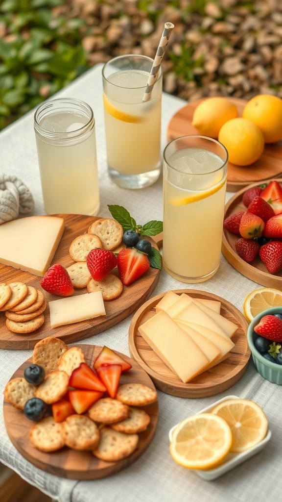 A beautifully arranged lemonade bar with drinks and an assortment of snacks including fresh fruit and cheese.