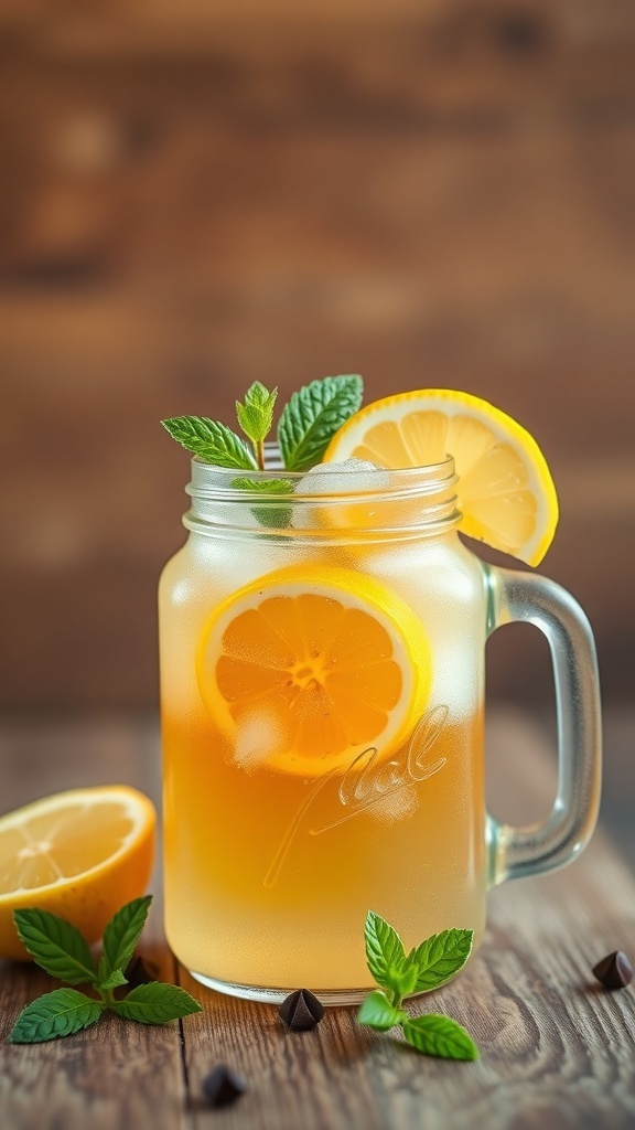 A mason jar filled with lemonade and tea, garnished with lemon slices and mint leaves.