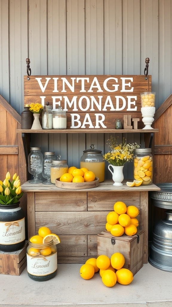 Vintage lemonade bar display featuring yellow lemons, glass jars, and a wooden sign.