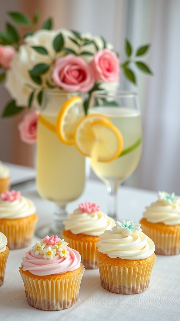 A table set with beautifully decorated cupcakes and glasses of lemonade with lemon slices