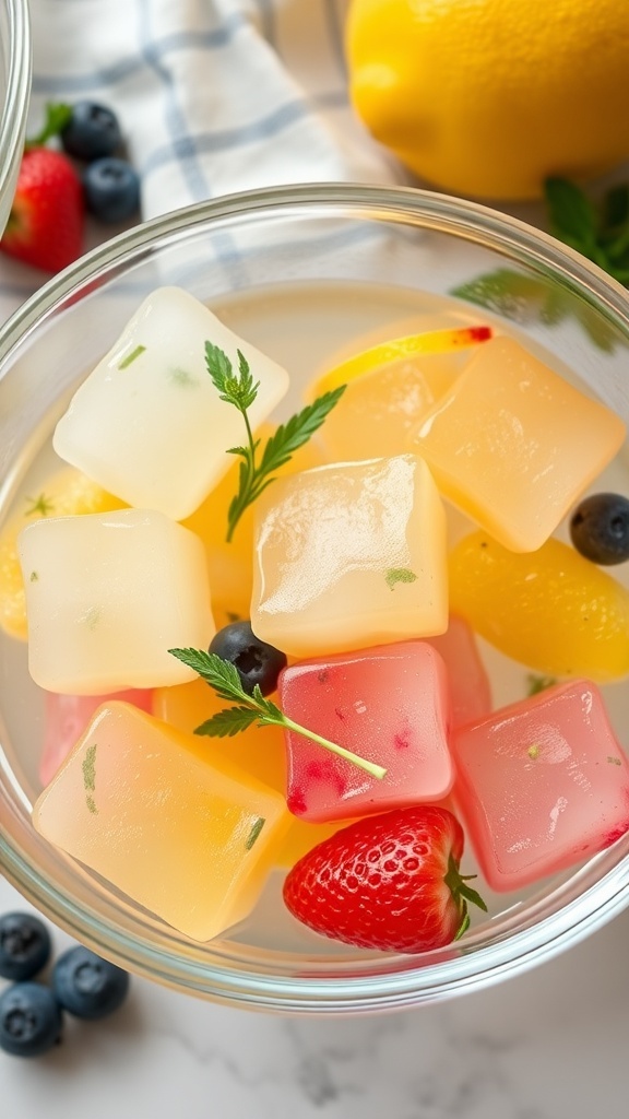 Colorful lemonade ice cubes in a bowl with fresh fruit and herbs