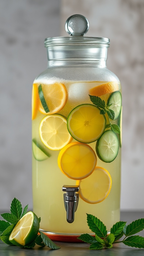 A large glass jar filled with lemonade and slices of lemon, lime, and cucumber, garnished with mint leaves.