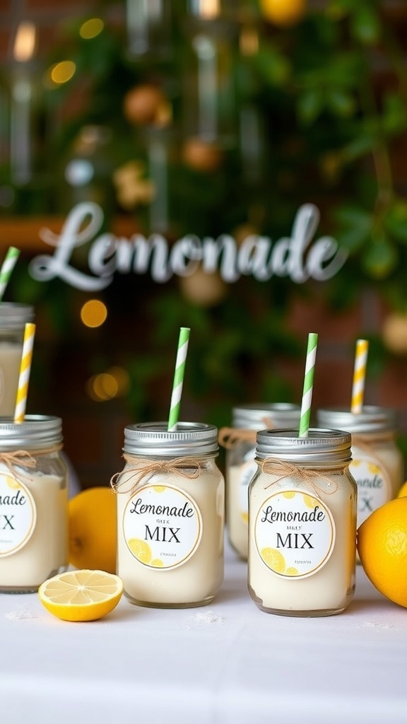 Lemonade jars with straws displayed at a bridal shower lemonade bar.