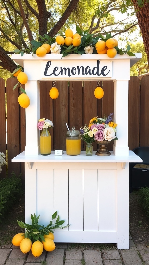 A charming lemonade stand adorned with lemons, flowers, and a sign that says 'Lemonade'.