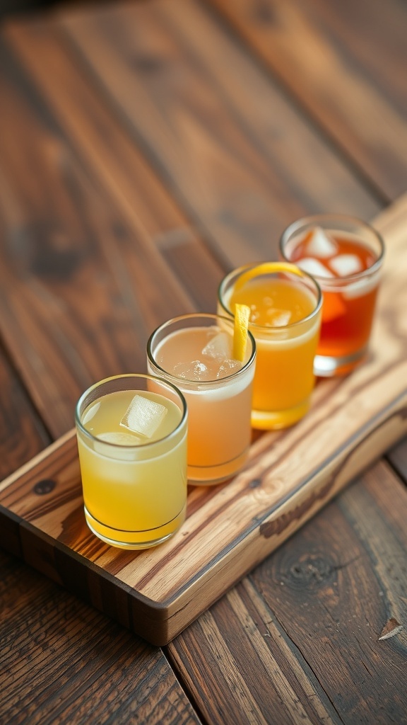 A wooden board with four different types of lemonade served in clear glasses