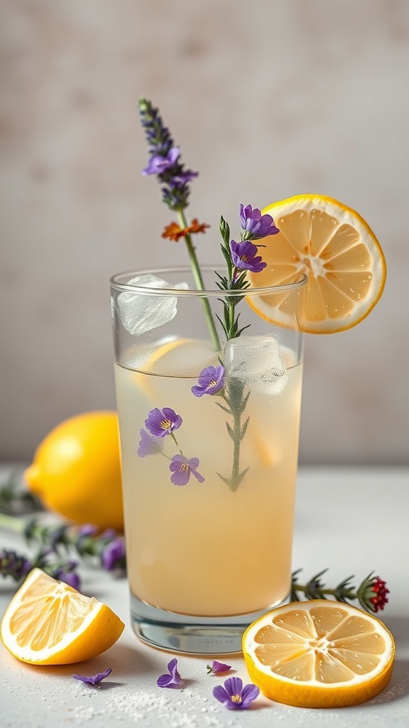 A glass of lemonade with lemon slices and lavender flowers, with whole lemons in the background.