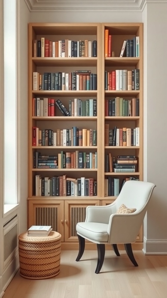A cozy reading nook featuring a wooden bookshelf filled with books, a comfortable chair, and a woven basket table.
