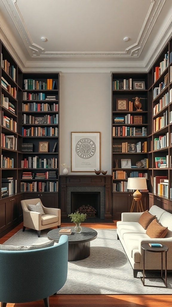 A cozy library featuring floor-to-ceiling bookshelves filled with colorful books, a comfortable seating area, and a fireplace.