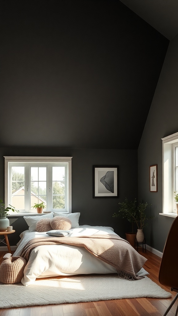A cozy bedroom featuring a slanted ceiling painted in dark shades, with soft bedding and decor.
