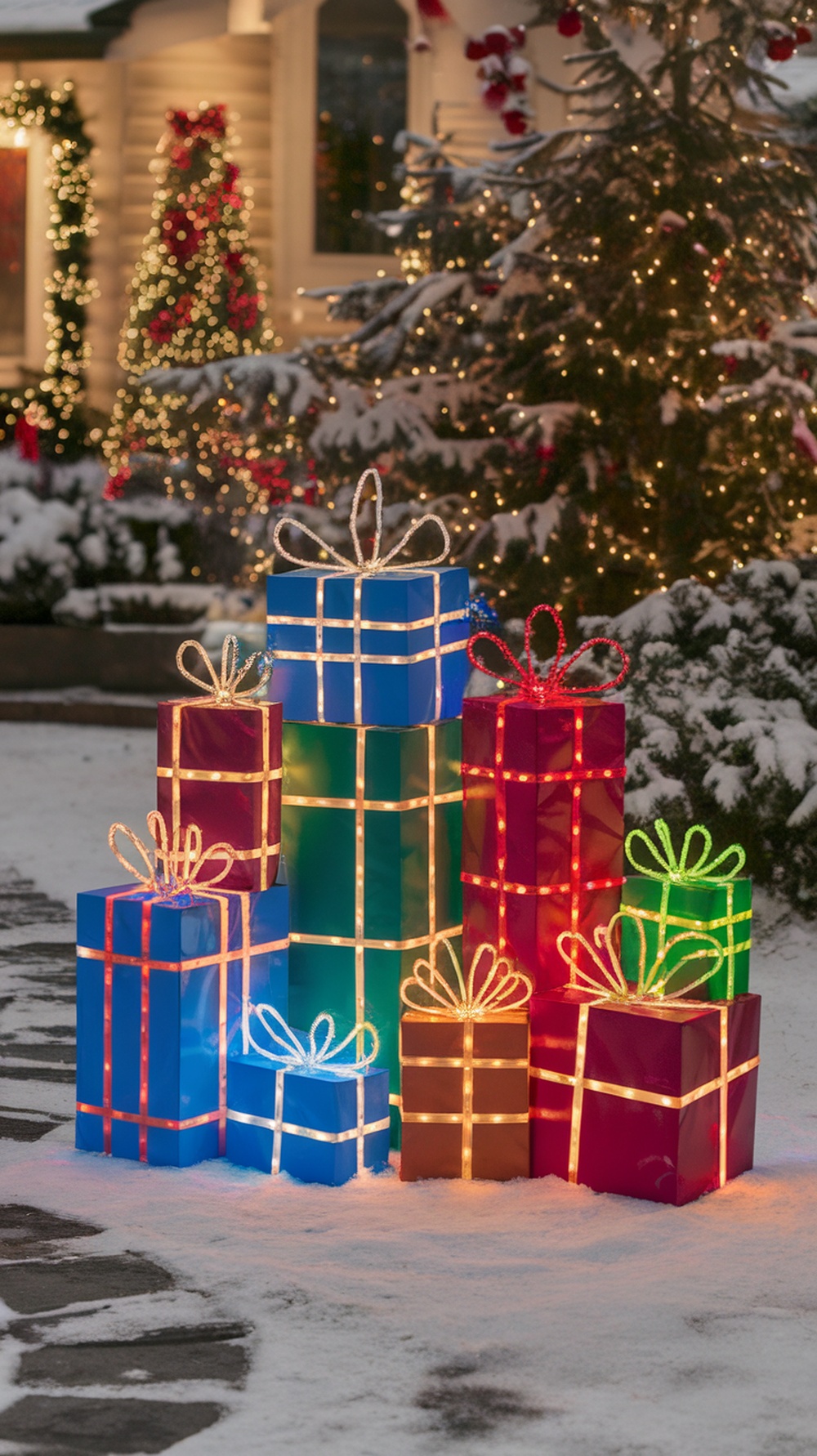 Colorful light-up gift boxes in a snowy outdoor setting