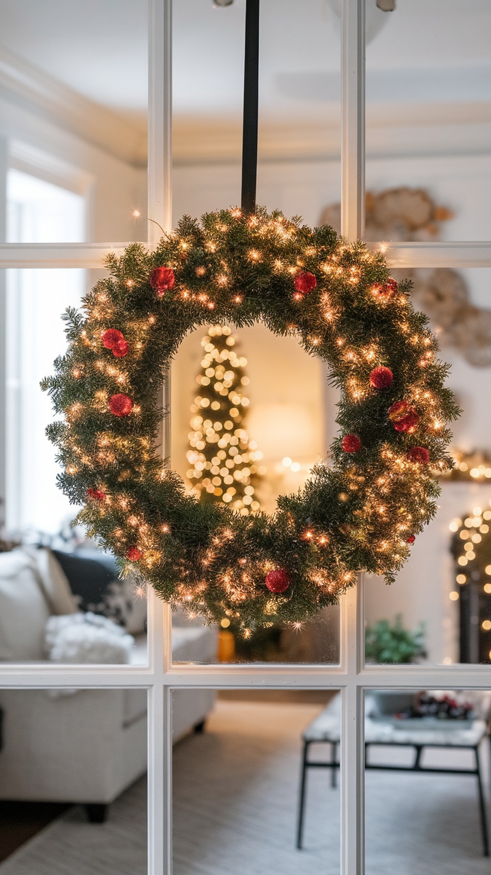 A light-up LED wreath with red ornaments hanging in a window, showcasing a cozy decorated room in the background.