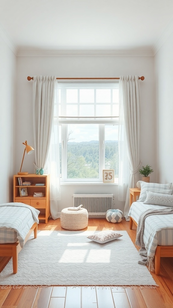 Bright kids bedroom with light curtains and wooden furniture
