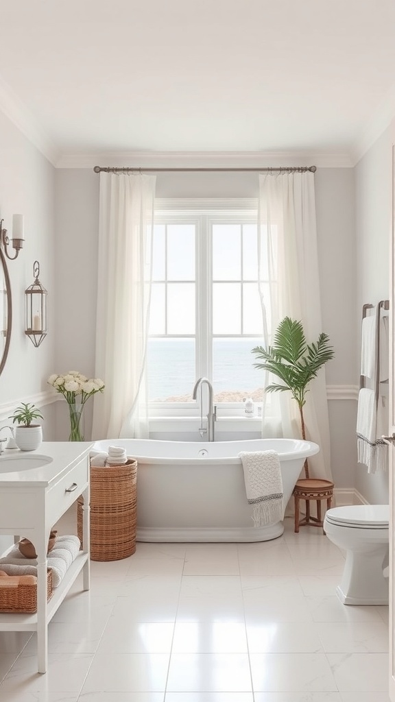 A coastal bathroom featuring large windows with sheer white curtains, a freestanding bathtub, and a view of the ocean.