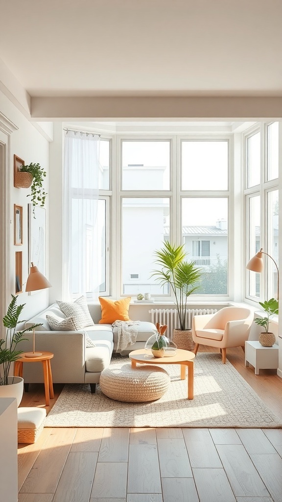A bright and airy studio apartment with light color schemes, featuring a cozy sofa, plants, and a wooden coffee table.