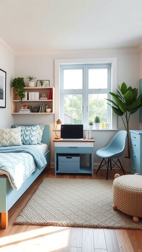 A light blue dorm room featuring a bed, desk, and chair, showcasing light blue accent furniture.