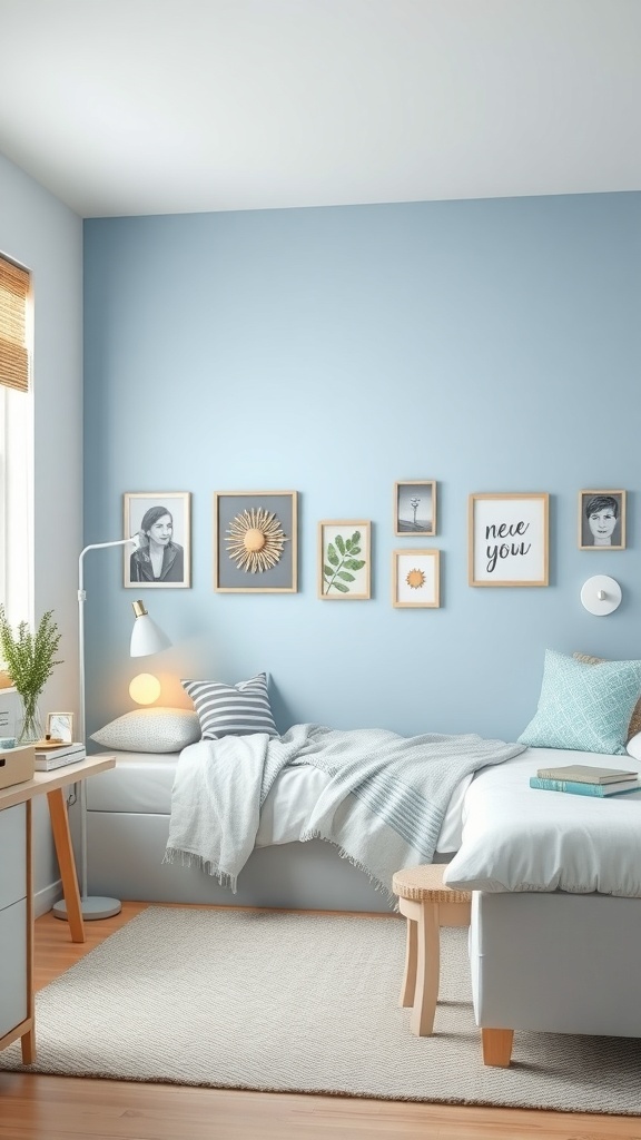 A light blue dorm room with a cozy bed, decorative pillows, and framed artwork on the wall.