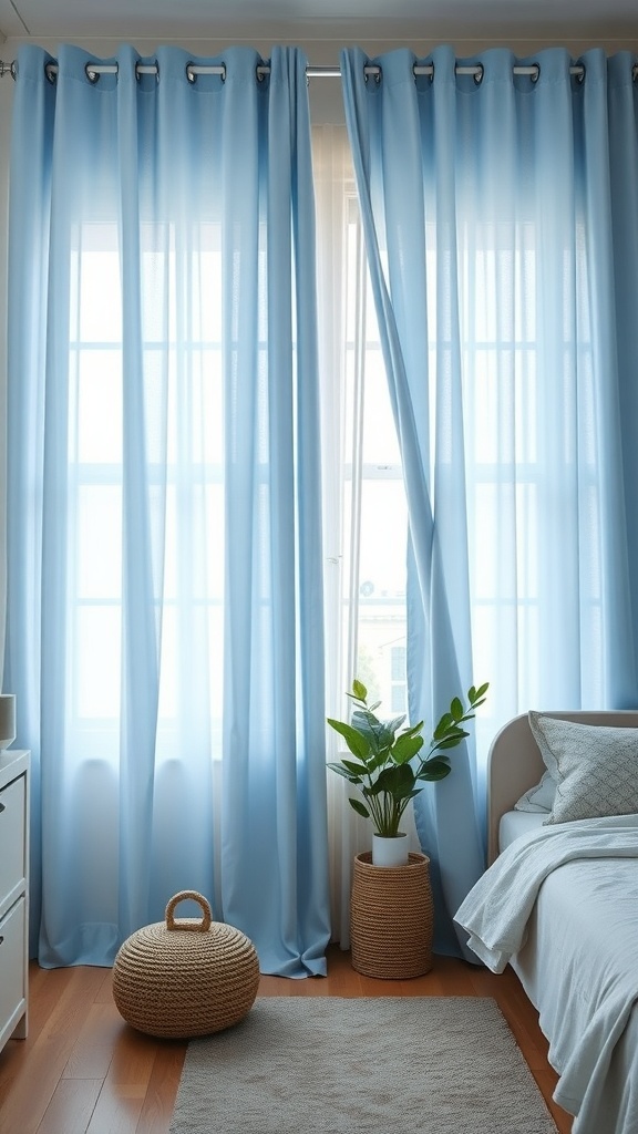 Light blue curtains in a bright dorm room with a plant and cozy decor.