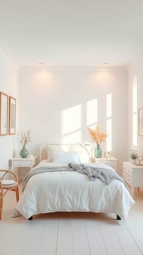 A small bedroom with light color palette, featuring white bedding, light wood flooring, and decorative elements.