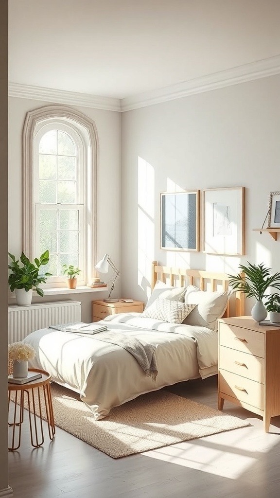 A small bedroom with light color palettes, featuring soft hues, wooden furniture, and plants.