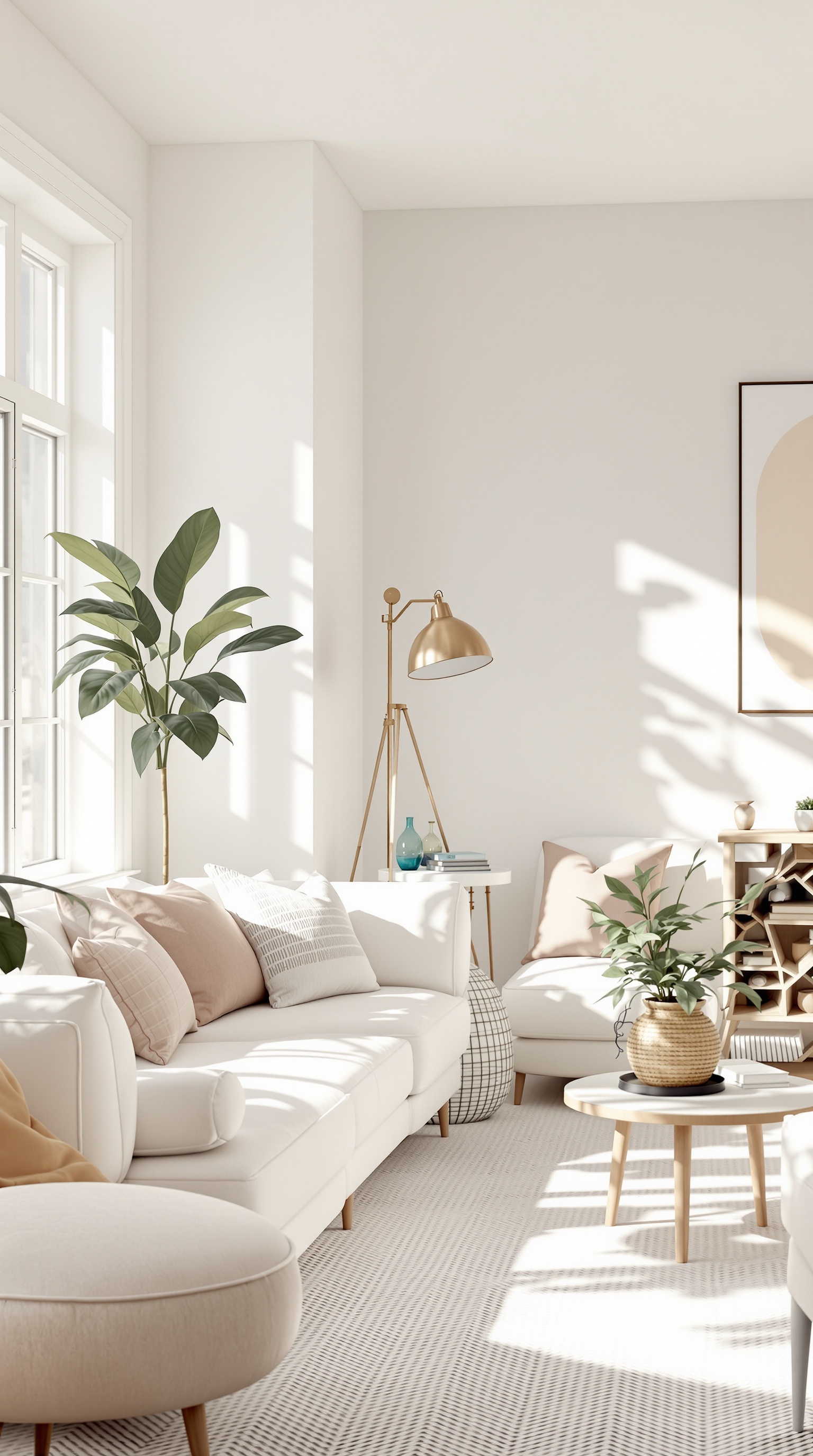 A bright and airy family room with light color palette, featuring a white sofa, soft pillows, a plant, and a golden lamp.
