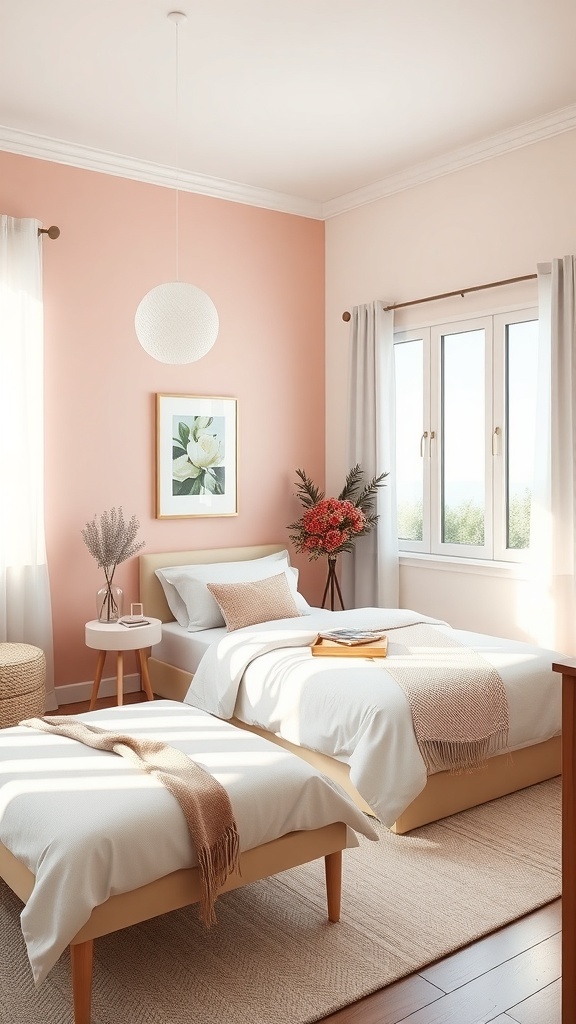 A small guest bedroom with light peach walls, two twin beds, and natural decor.