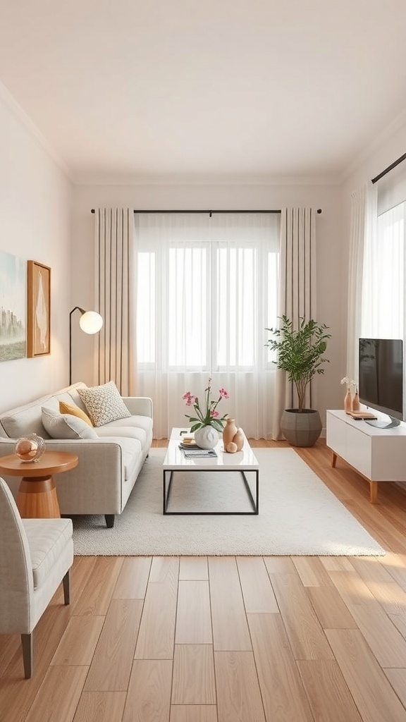 A small lounge room featuring light-colored furniture, wooden flooring, and decorative plants.