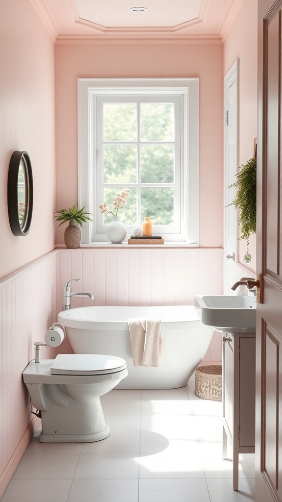 A small bathroom with light pink walls, white fixtures, and natural light from a window.