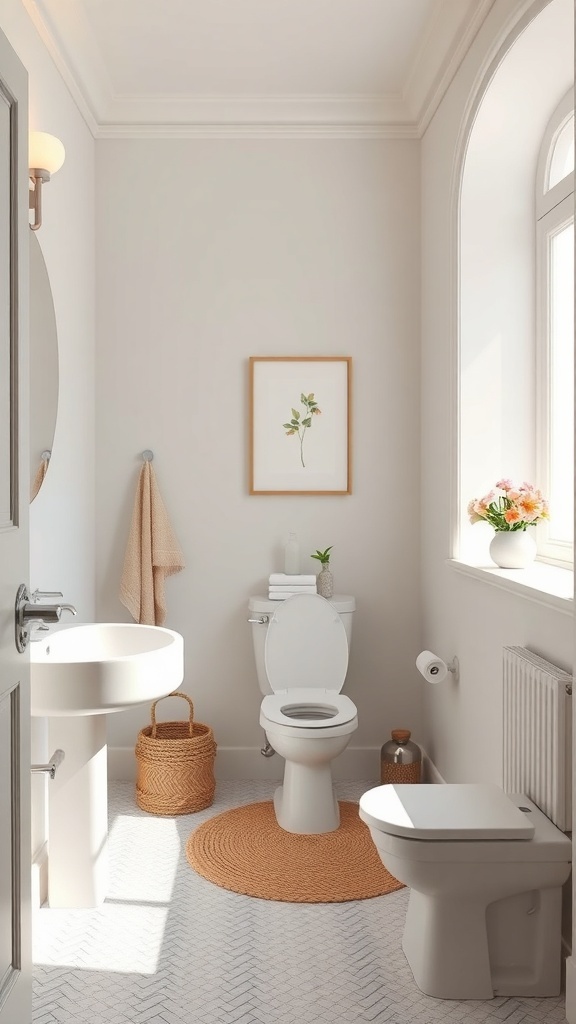 A modern small bathroom with light color palette featuring a white toilet, sink, and soft beige accents.