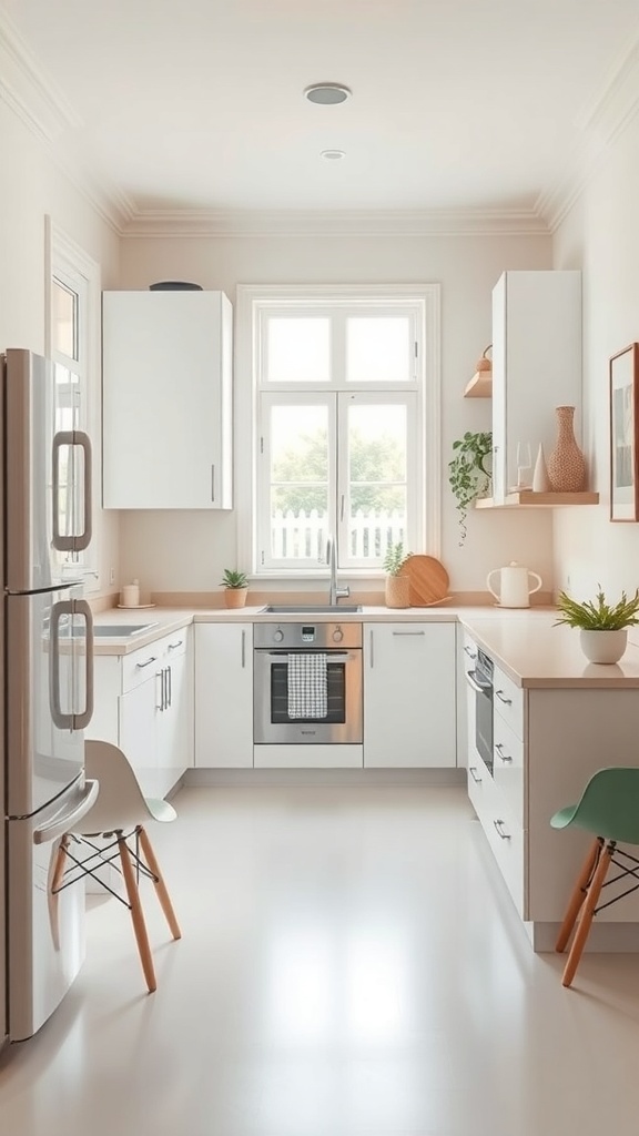 A small kitchen featuring light color schemes with white cabinets, light countertops, and wooden shelves.